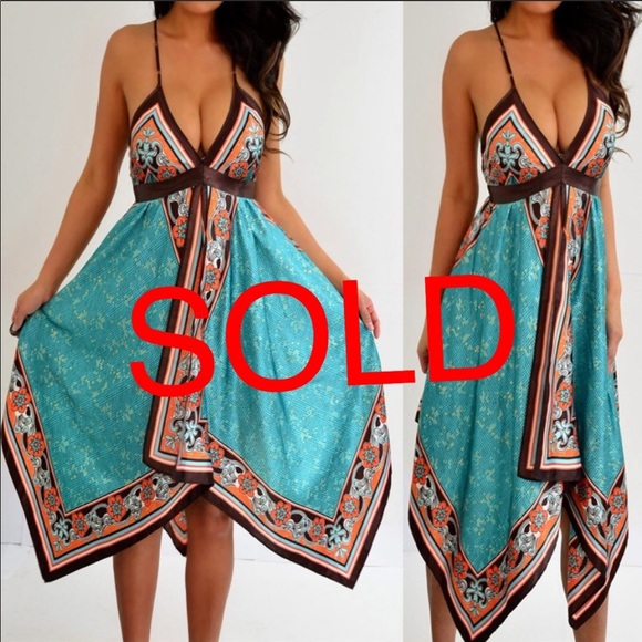 Dresses & Skirts - **SOLD** Blue Brown Satin Scarf Dress S M